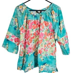 Caleooa Floral Patchwork Blouse Petite Large Rayon Flowy Spring Summer Whimsical